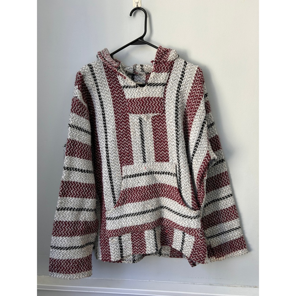 Baja Joe Mens Striped Drug Rug Hoodie Burgundy Grey Black Woven Poncho Size M